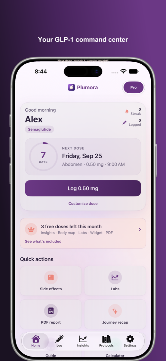 Plumora app — next-dose countdown, streak tracking, and weekly GLP-1 insights